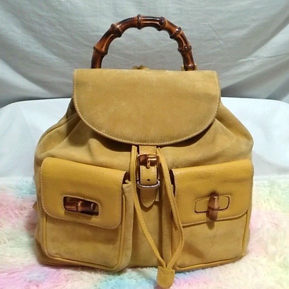 Gucci Handbags - Auth Gucci Yellow Suede Leather Bamboo Handle Vintage Backpack Unisex